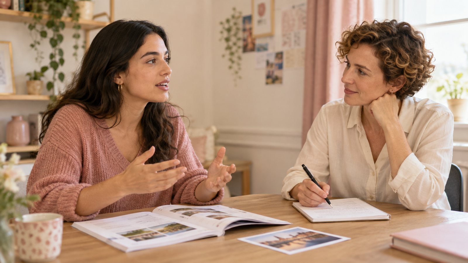 Illustrative one-to-one English lesson with an adult woman learner and instructor; fictional setting