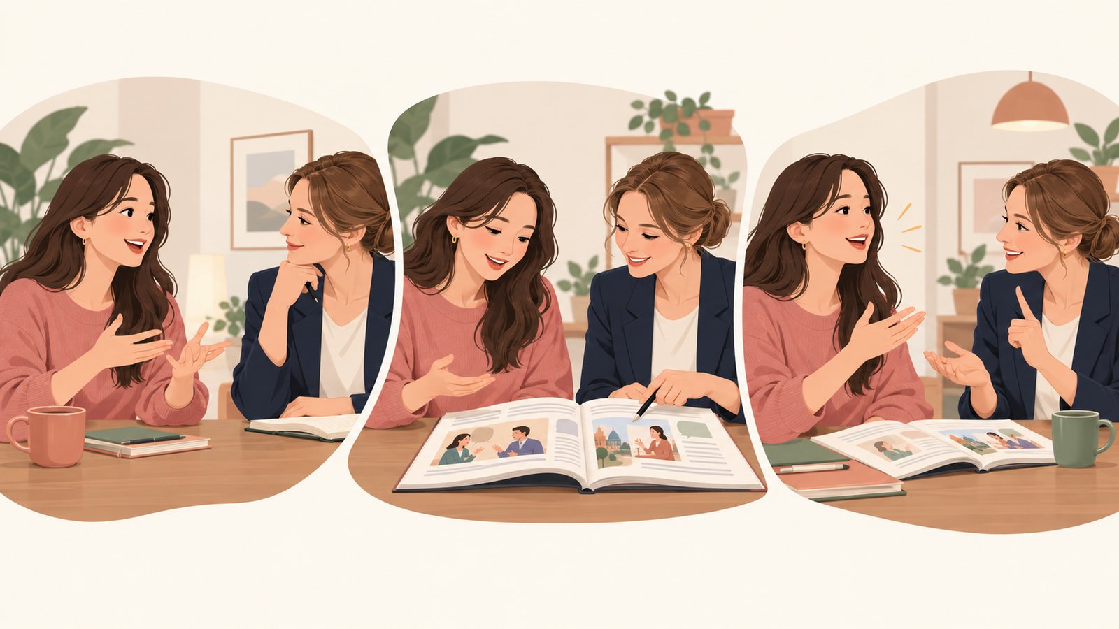 Conceptual illustration of a one-to-one English teacher listening, adapting an activity and giving feedback