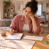 Resident organizing everyday tasks at a table in a Japanese apartment