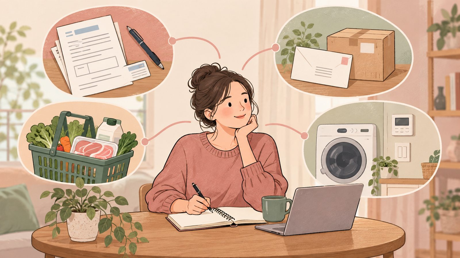 Illustration connecting municipal paperwork, mail, groceries and household appliances