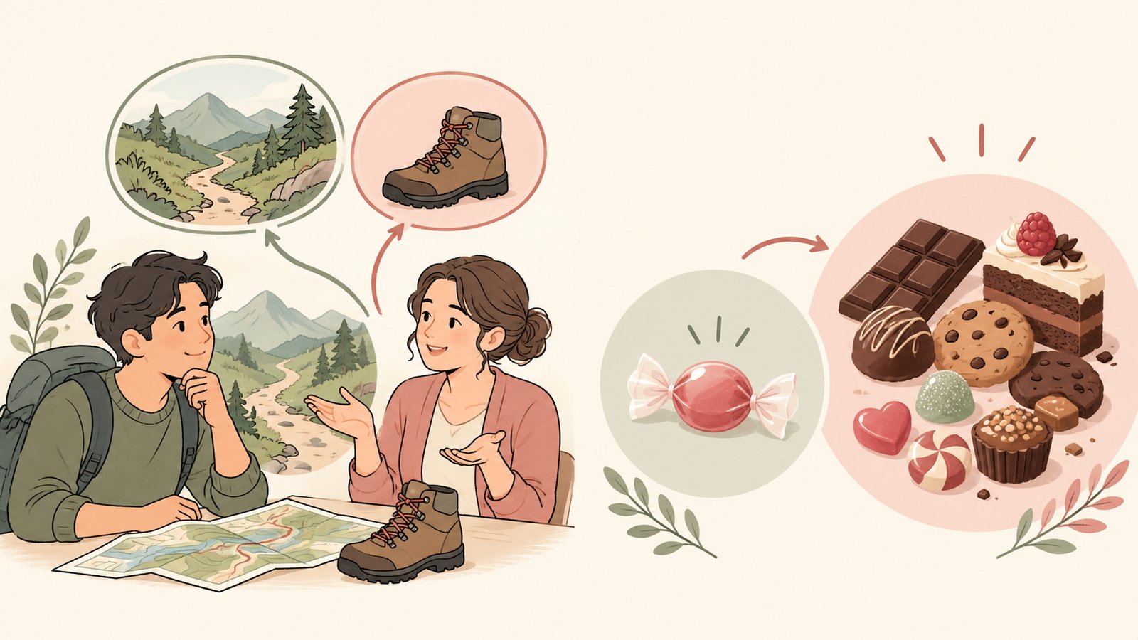 Illustration of a hiking goal and a comparison between candy and a broader range of sweet foods