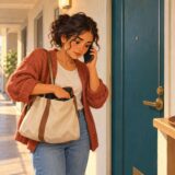 Resident checking her bag and calling the manager outside a Japanese apartment door