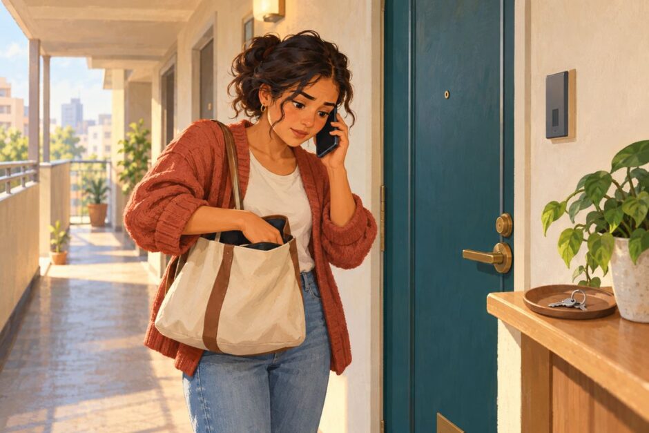 Resident checking her bag and calling the manager outside a Japanese apartment door
