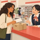 Resident asking a post office clerk about forwarding mail after moving in Japan