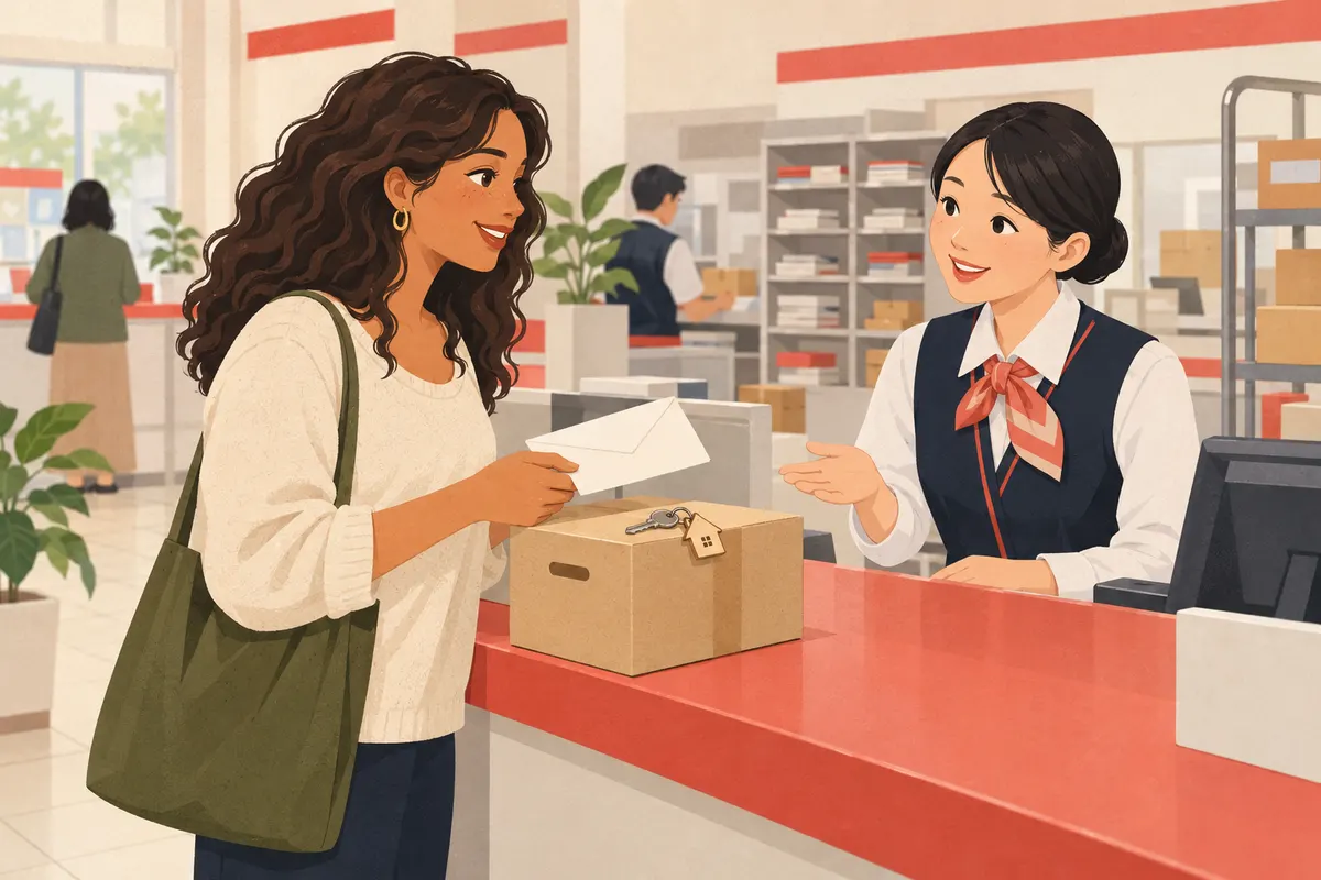 Resident asking a post office clerk about forwarding mail after moving in Japan
