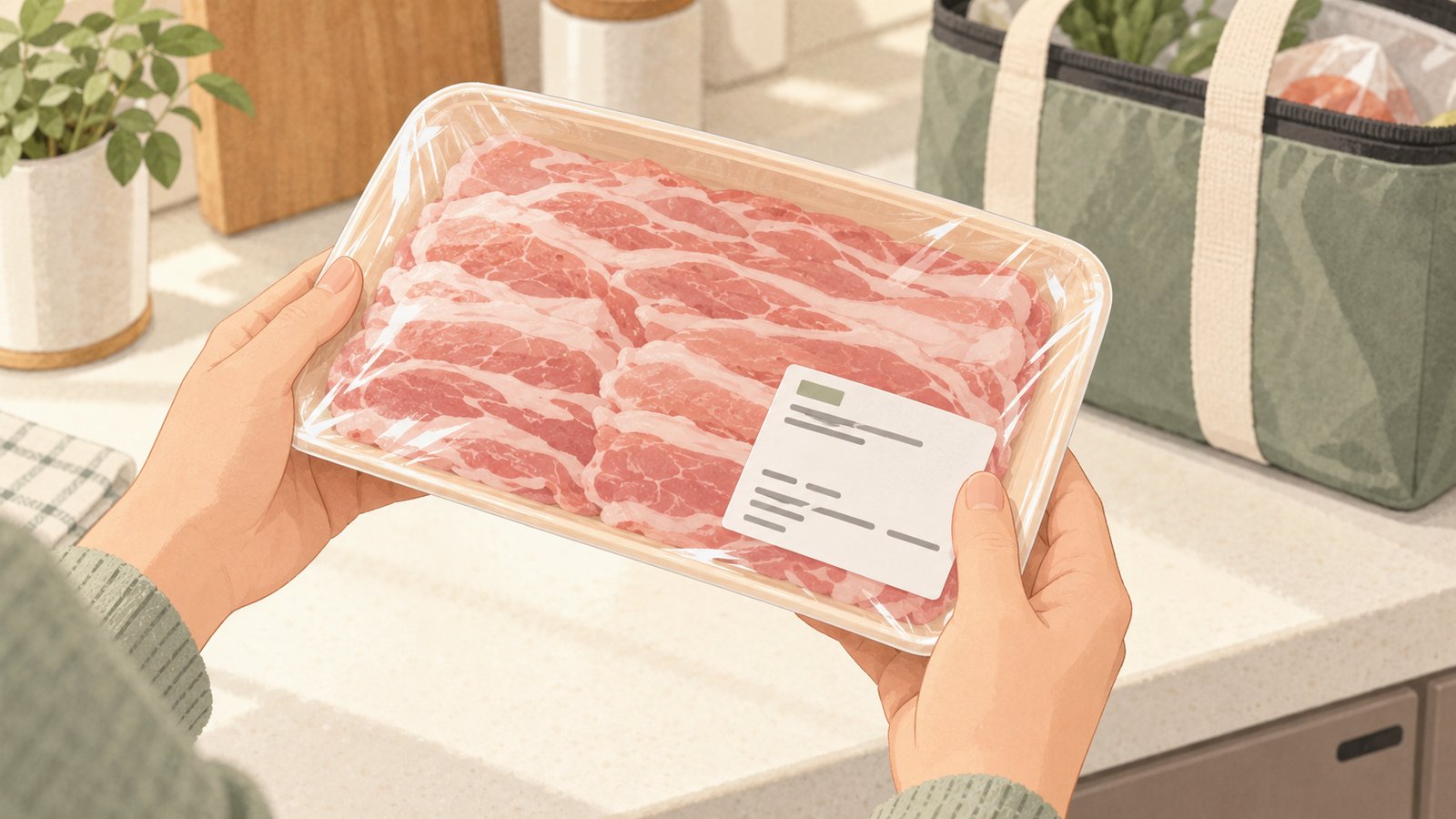 Hands checking the label on a sealed meat tray at a home kitchen counter