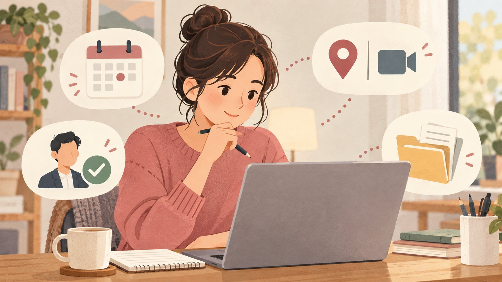 Illustration of checking the date, location or meeting link, attendance, and advance materials in a workplace invitation