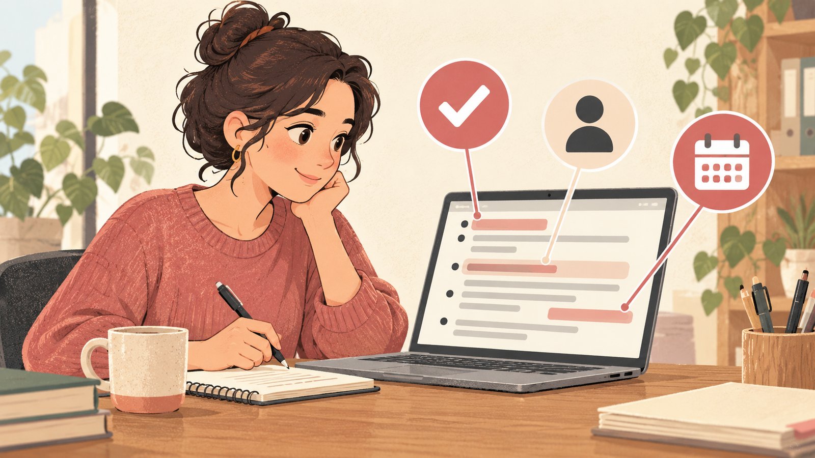 Illustration of reading meeting minutes for decisions, the person responsible, and the deadline