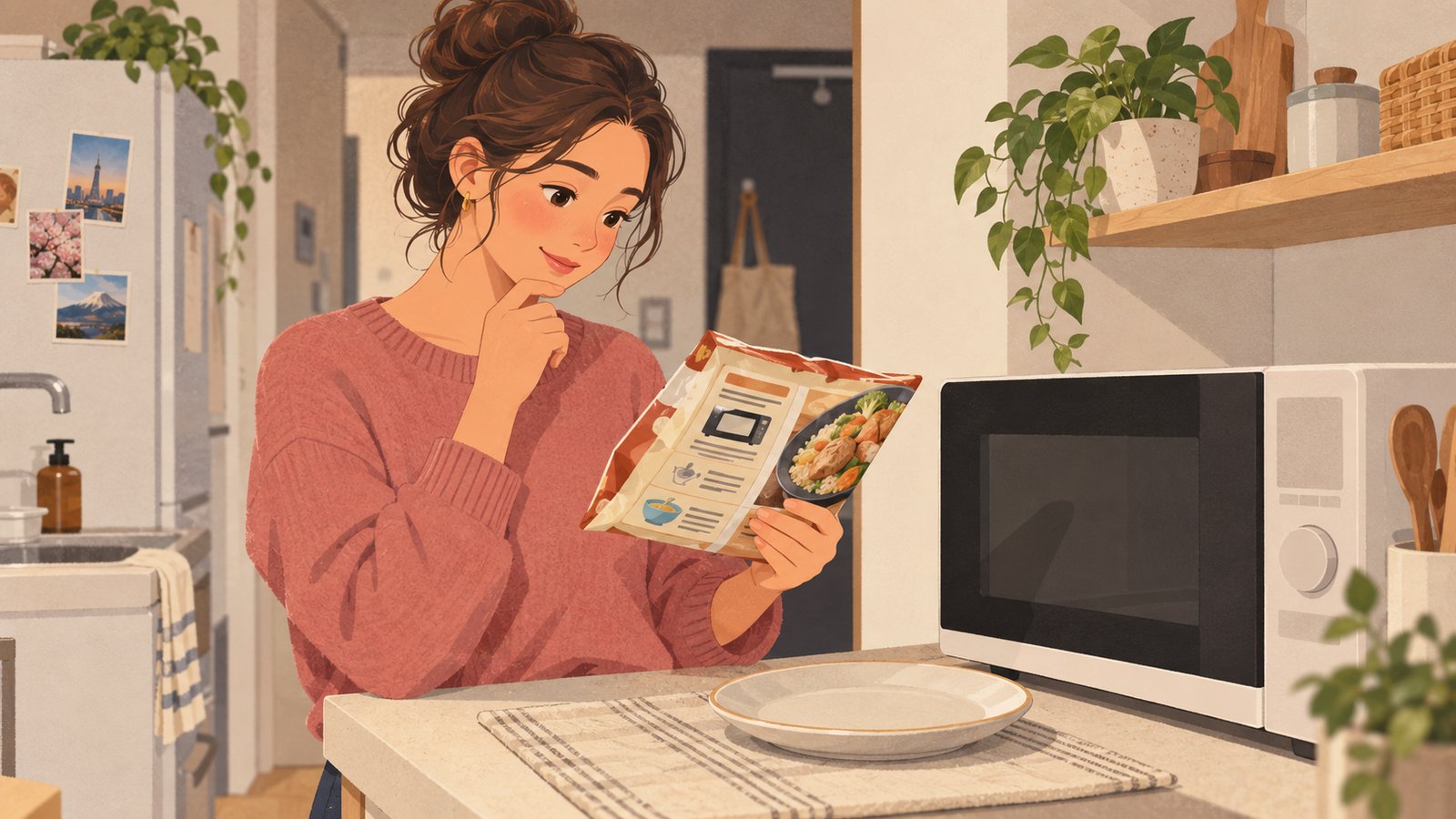 A resident reads a frozen meal package beside a microwave and a ceramic plate