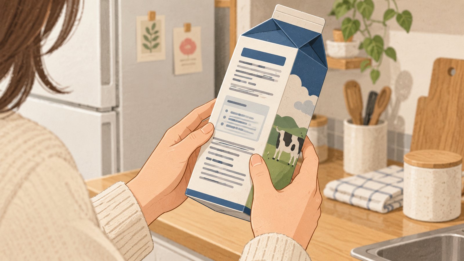 A resident checking the side information panel of a closed milk carton at home