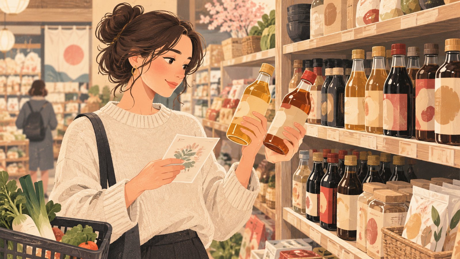 A shopper comparing two Japanese cooking seasoning bottles with a recipe note in a supermarket aisle