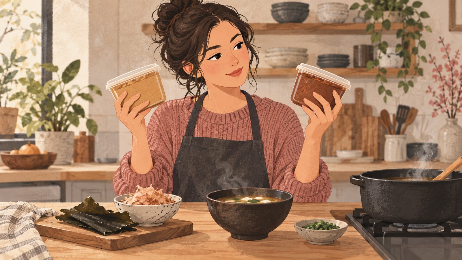 A cook compares two miso tubs while preparing soup with kombu and bonito ingredients nearby