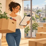 Resident carrying a moving box and reviewing a checklist in a Japanese apartment