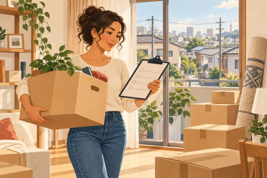 Resident carrying a moving box and reviewing a checklist in a Japanese apartment