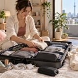Resident packing clothing and everyday essentials in a suitcase before moving to Japan