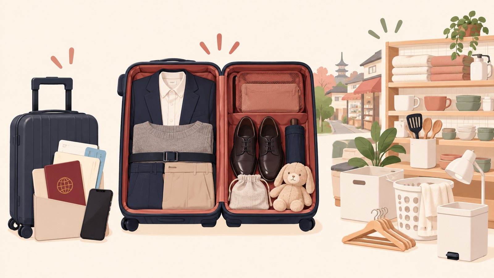 Illustration separating travel essentials, work clothing and everyday supplies to buy after arrival