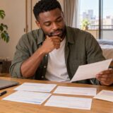 Resident sorting National Pension payment slips at home