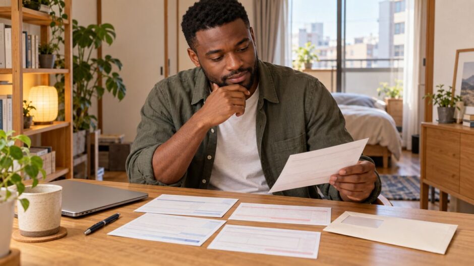 Resident sorting National Pension payment slips at home