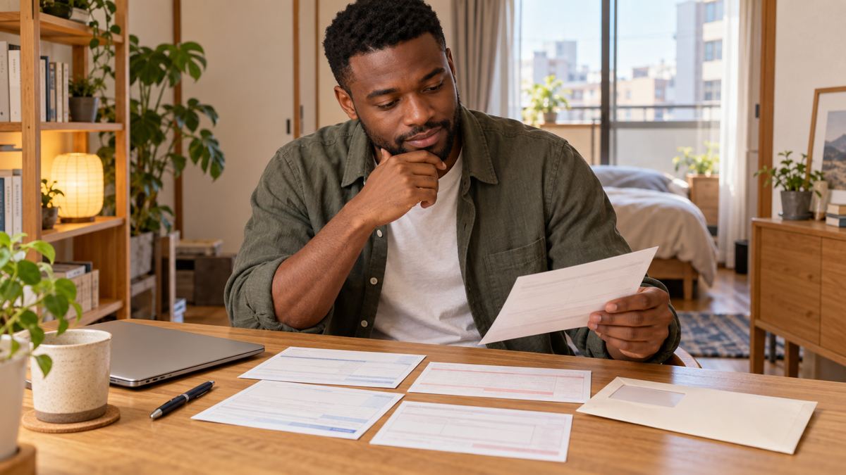 Resident sorting National Pension payment slips at home