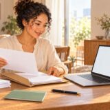 New employee organizing onboarding forms at home in Japan