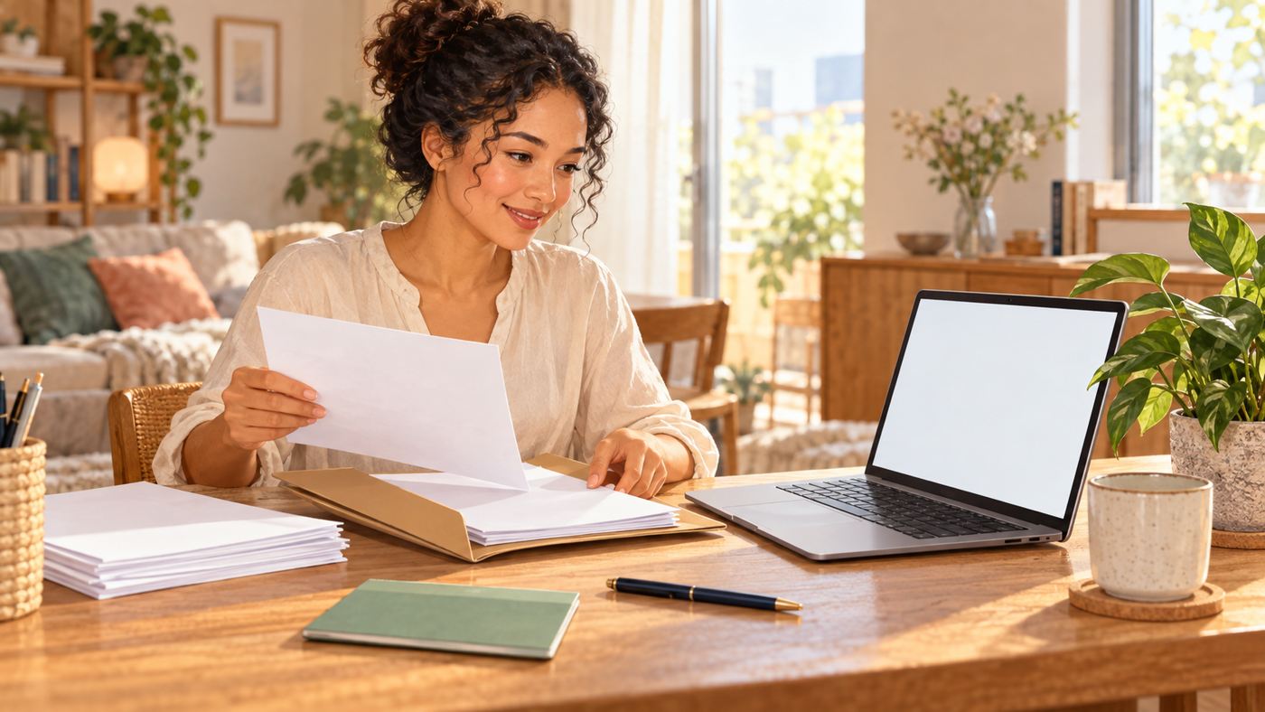 New employee organizing onboarding forms at home in Japan