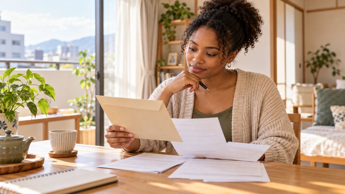 Resident reading a municipal health insurance notice at home