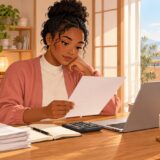 Worker reviewing a pay statement with a calculator at home