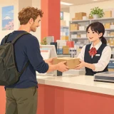 Resident handing a parcel to a clerk at a Japanese post office counter