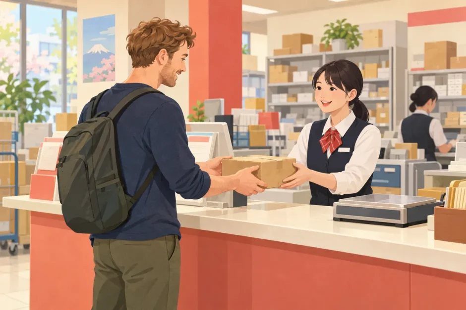 Resident handing a parcel to a clerk at a Japanese post office counter