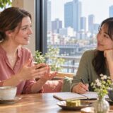 English instructor and adult learner practicing conversation in Japan