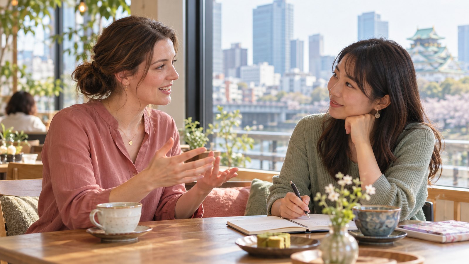 English instructor and adult learner practicing conversation in Japan