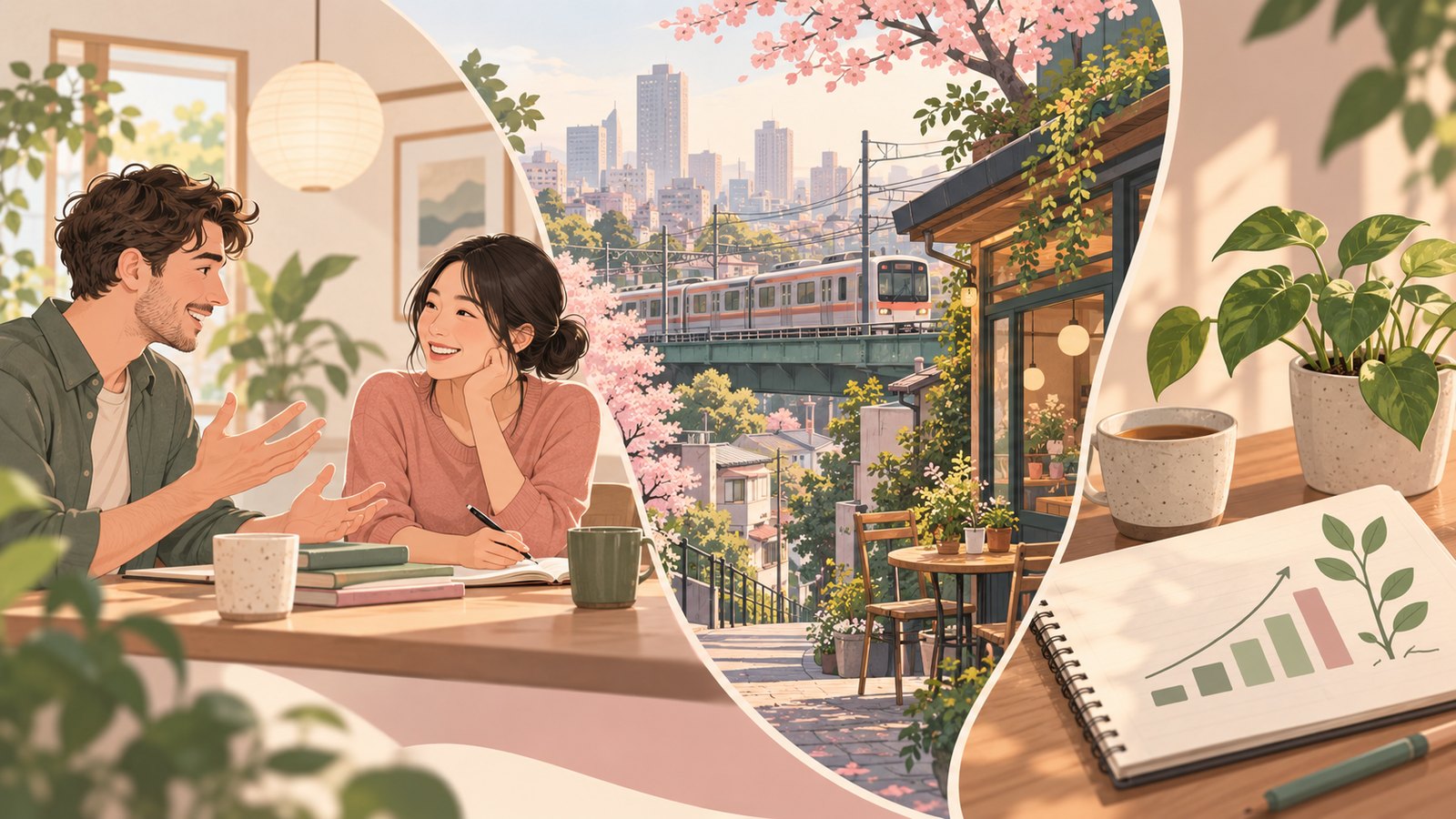 Illustration connecting one-to-one conversation, neighborhood life in Japan, and learner progress