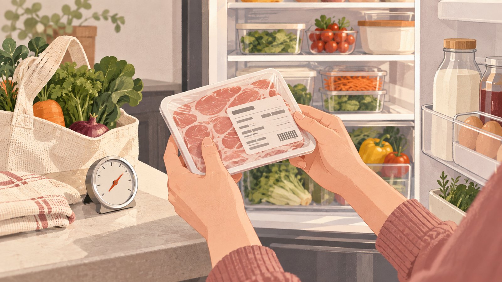 Hands checking a food package beside an open refrigerator and a thermometer