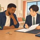 Foreign resident reviewing a Japanese apartment rental agreement with a real estate agent