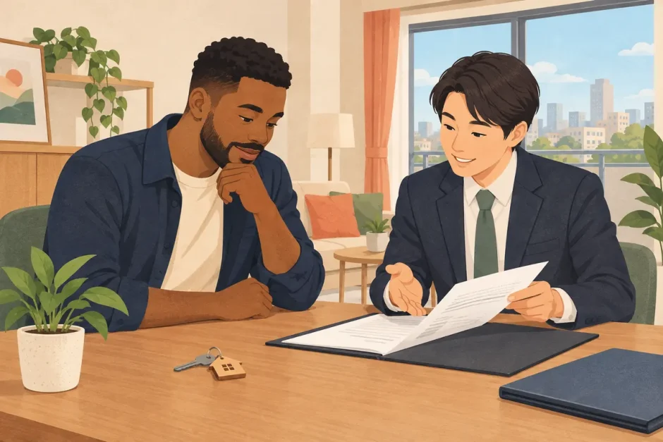 Foreign resident reviewing a Japanese apartment rental agreement with a real estate agent