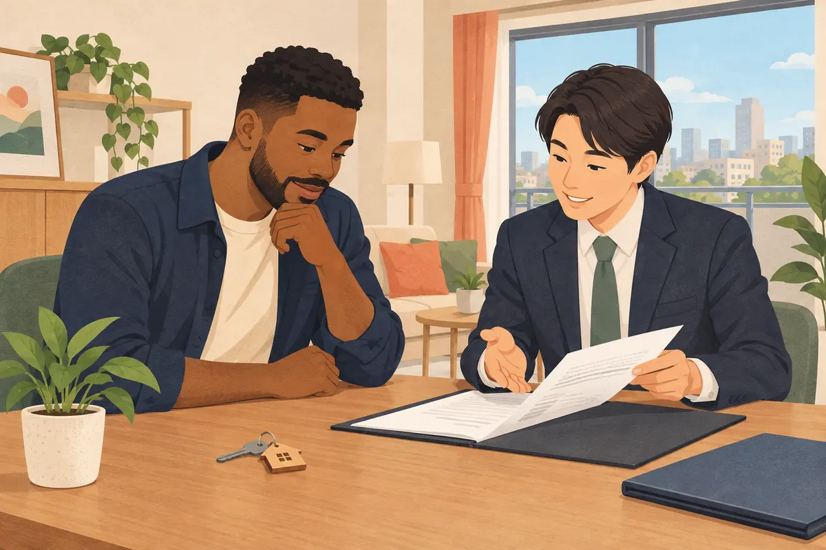 Foreign resident reviewing a Japanese apartment rental agreement with a real estate agent