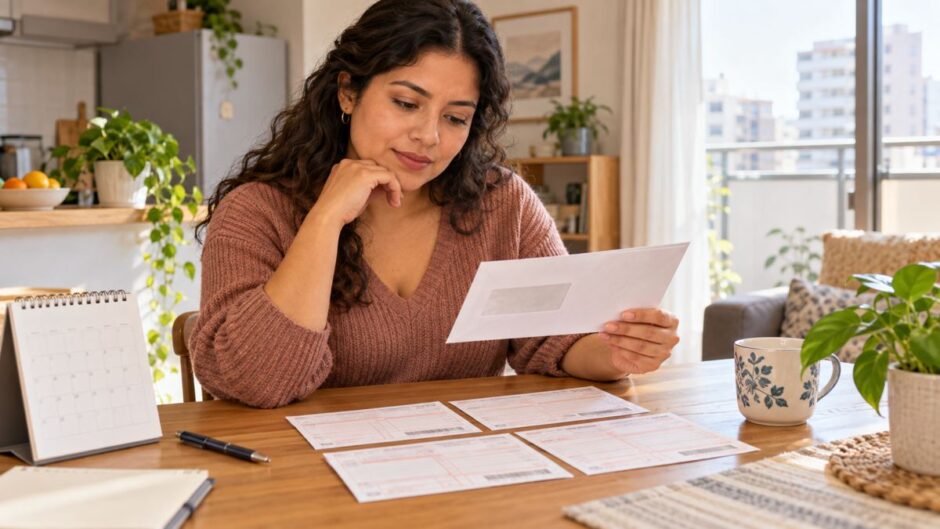 Resident reviewing municipal tax payment slips at home
