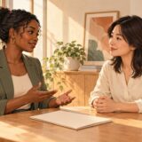 Two colleagues calmly discussing a resignation across an office table