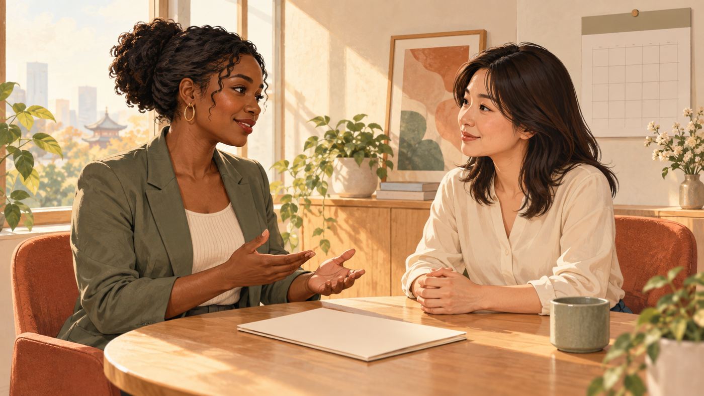 Two colleagues calmly discussing a resignation across an office table