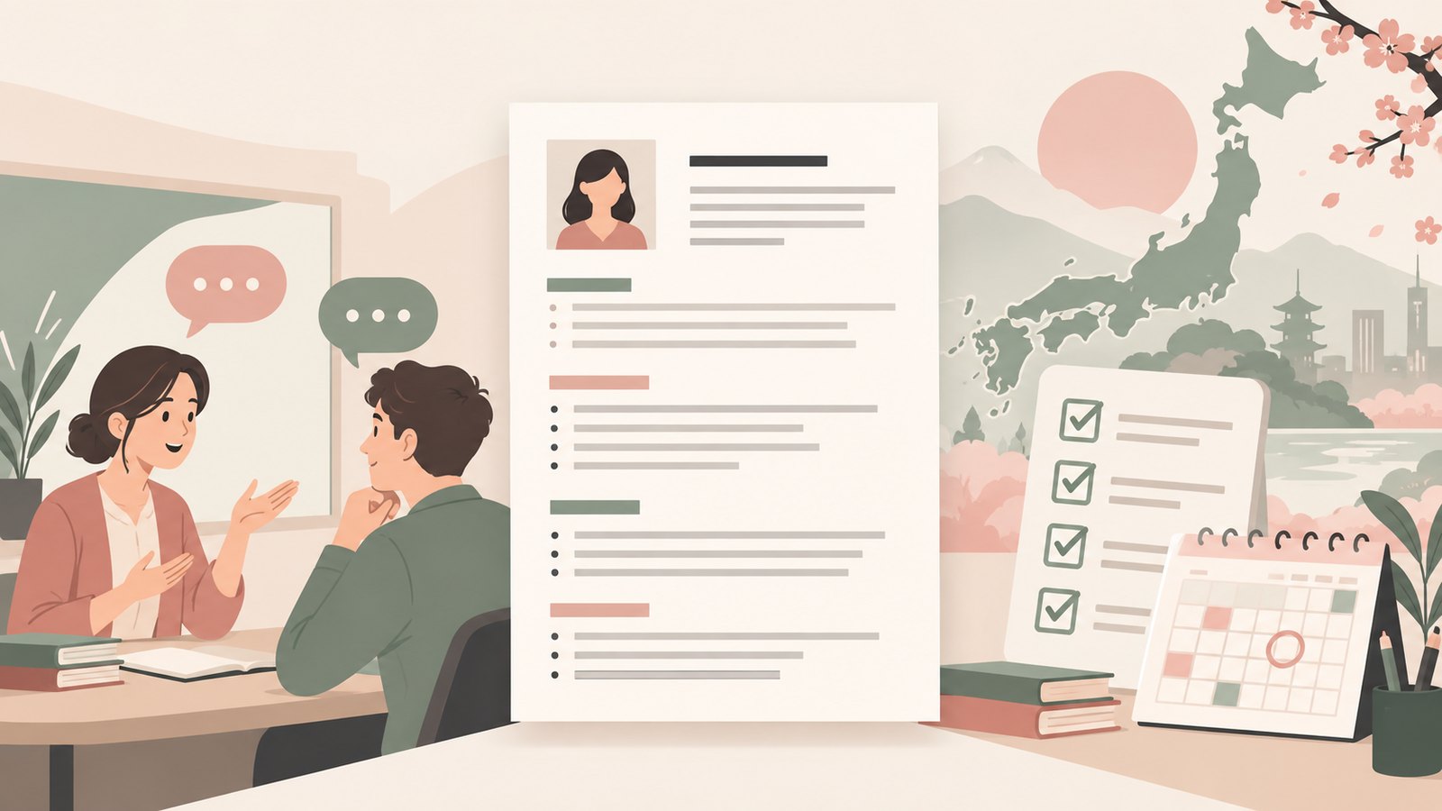 Illustration of a teaching resume, conversation practice, and a checklist for applying to schools in Japan