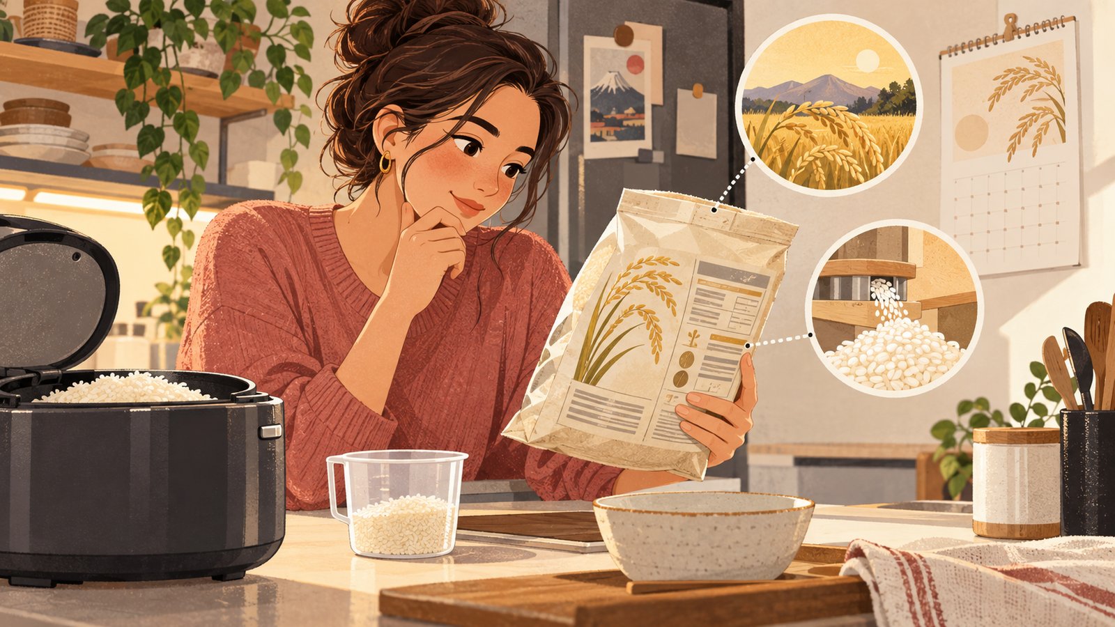 A resident checks a rice bag information panel beside a rice cooker and measuring cup, with harvest and milling imagery