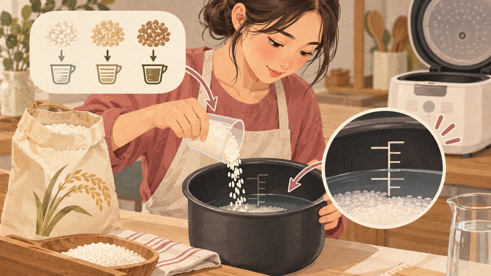 Illustrative view of measuring rice and checking an inner pot water line beside a rice cooker