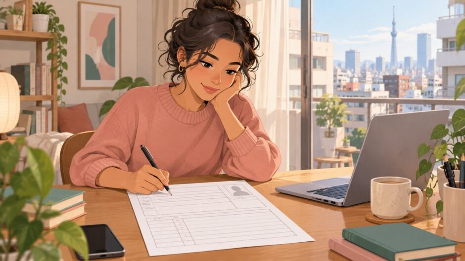 Job seeker reviewing a blank Japanese resume form at a desk