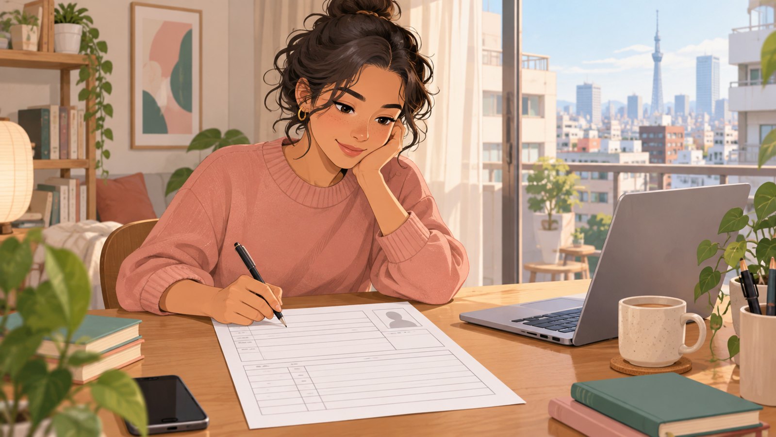 Job seeker reviewing a blank Japanese resume form at a desk