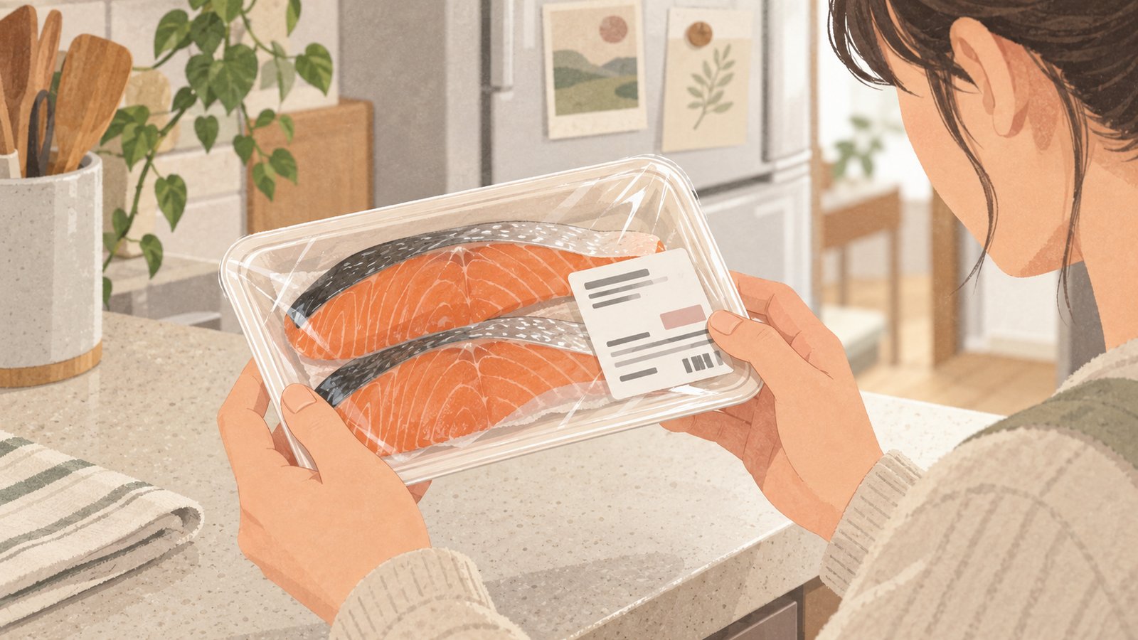 A resident checking the label on a sealed tray of fish in a home kitchen