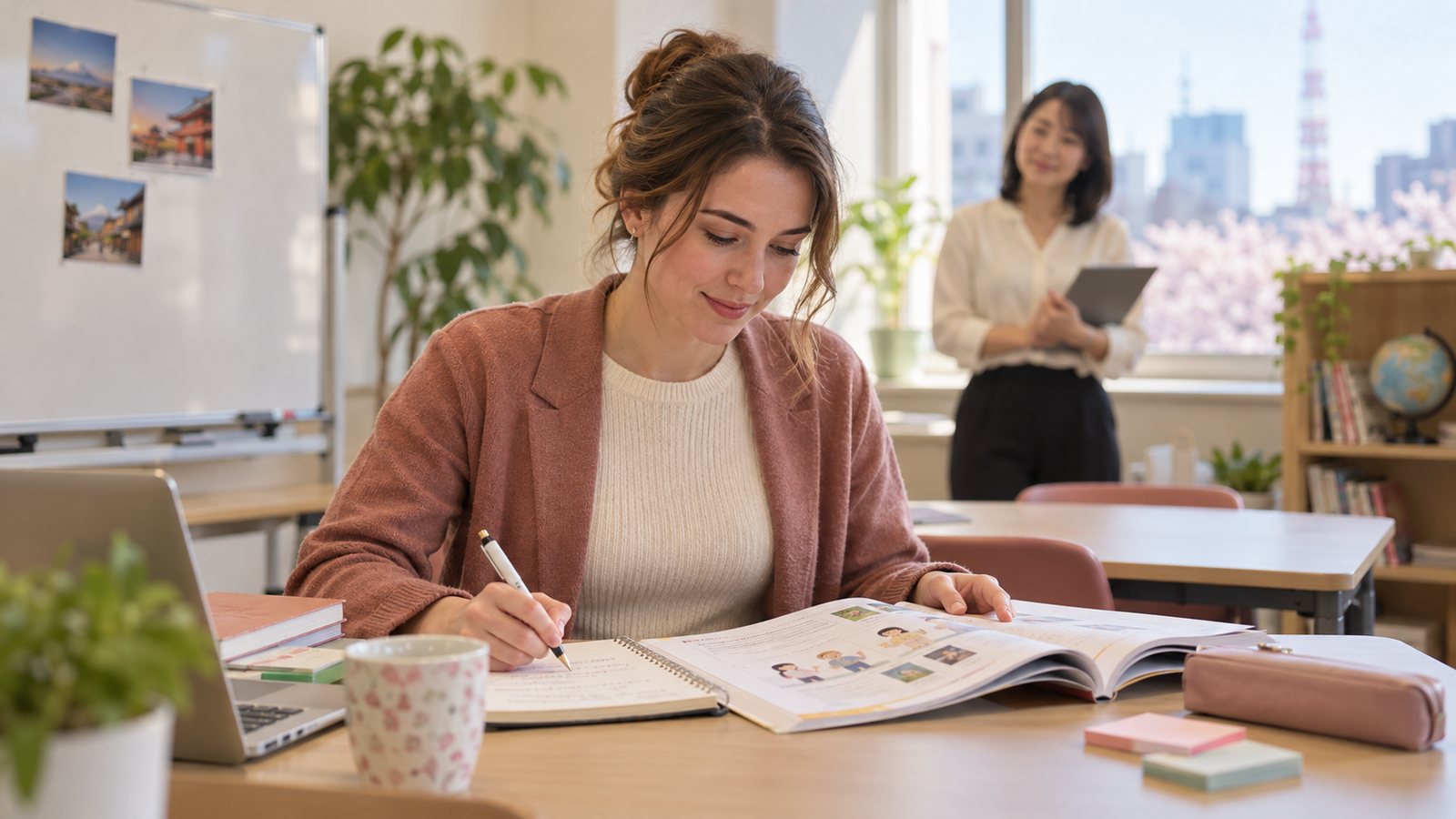 Teacher candidate preparing a supplied chapter for an English demo lesson