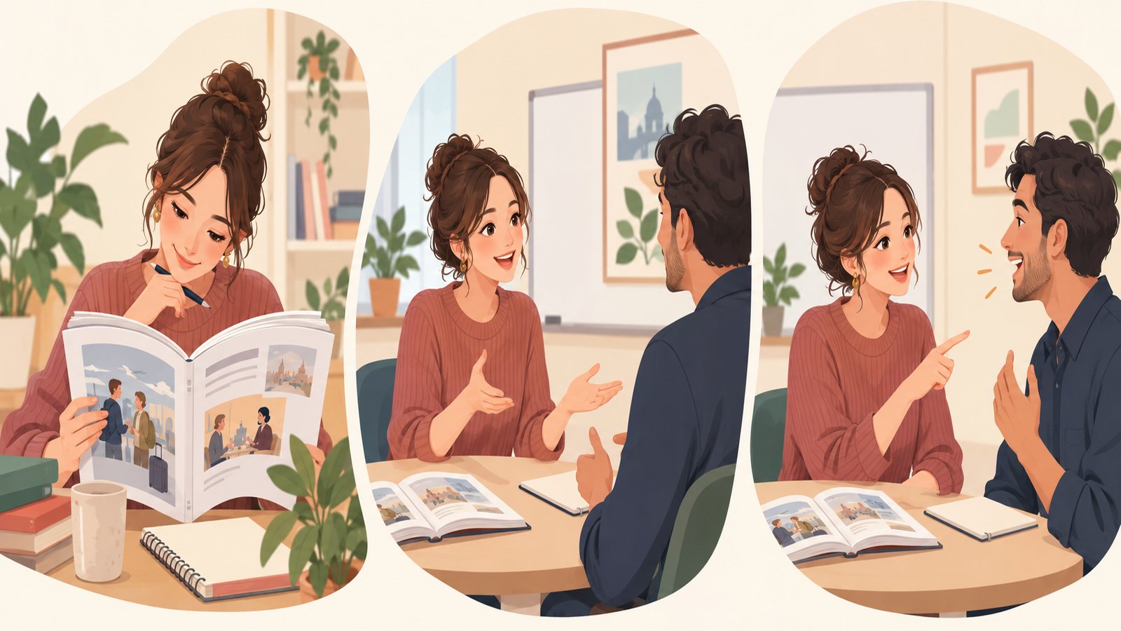 Illustration showing a candidate reviewing a chapter, practicing with an adult learner and offering feedback