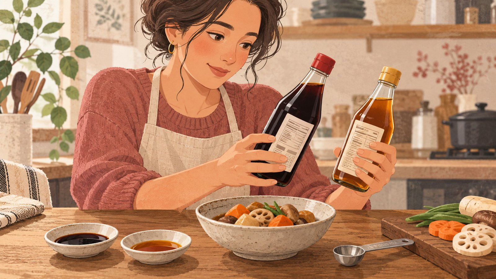 A cook compares the back labels of dark and light soy sauce bottles beside a vegetable dish