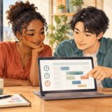 Two coworkers reviewing a system maintenance schedule on a laptop in a Japanese office