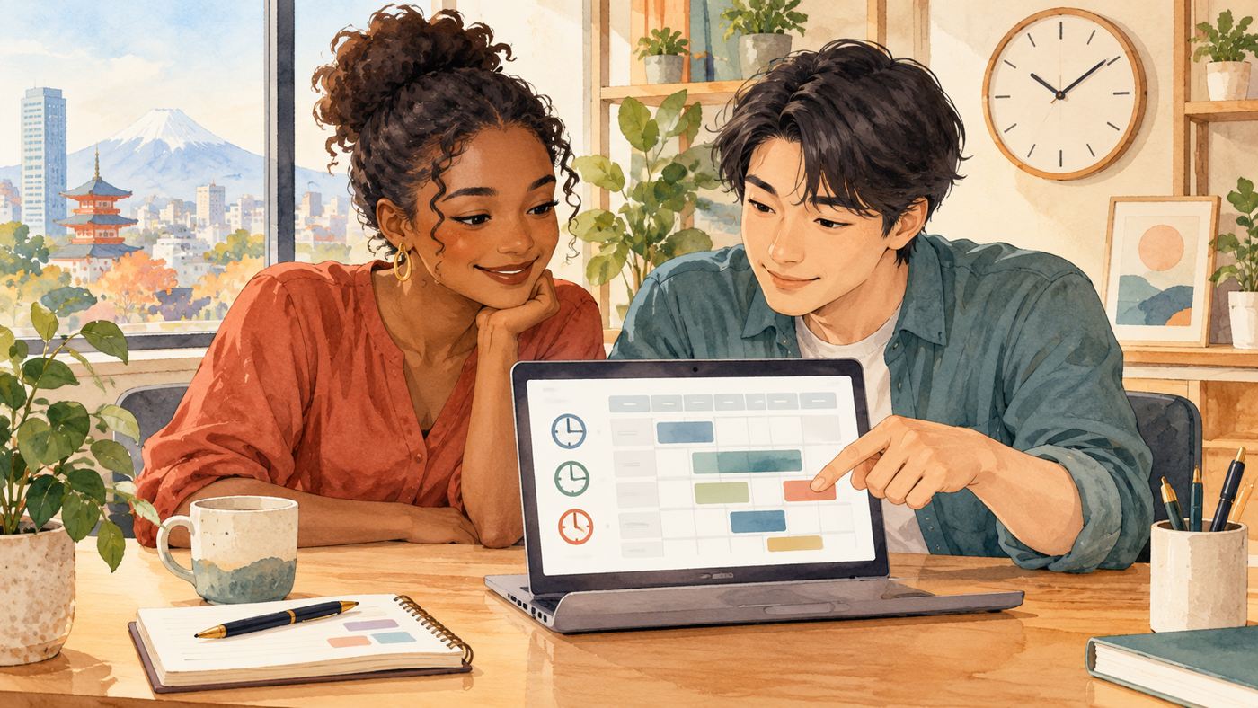 Two coworkers reviewing a system maintenance schedule on a laptop in a Japanese office